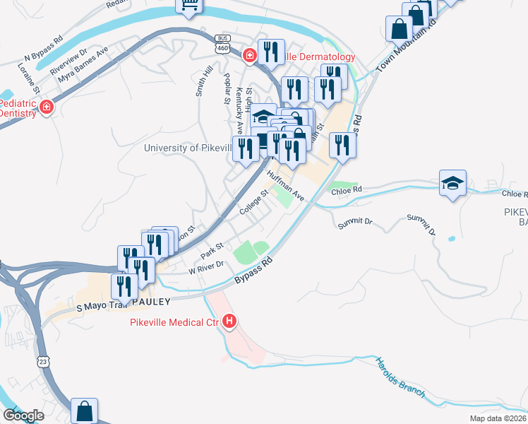 map of restaurants, bars, coffee shops, grocery stores, and more near 138-142 Bank St in Pikeville