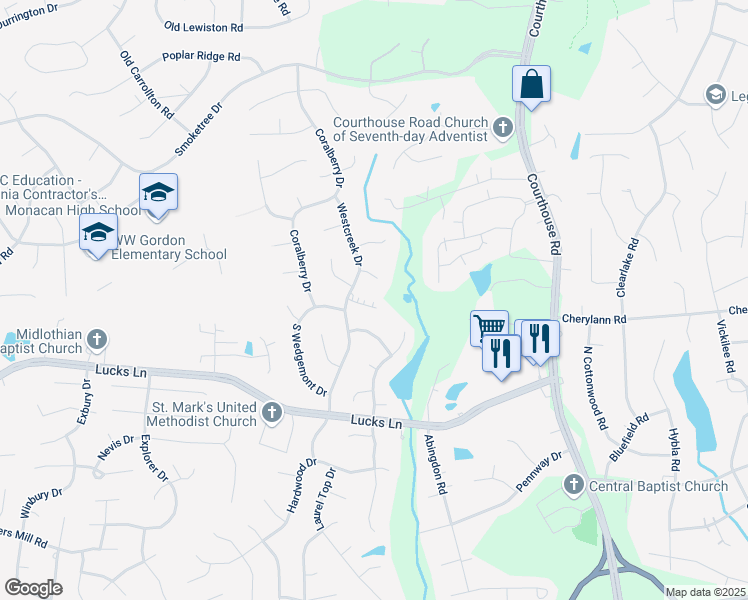 map of restaurants, bars, coffee shops, grocery stores, and more near 11306 Eastcliff Drive in Richmond