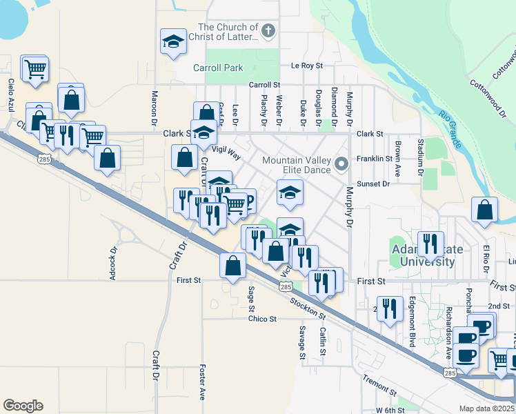 map of restaurants, bars, coffee shops, grocery stores, and more near 203 Market Street in Alamosa
