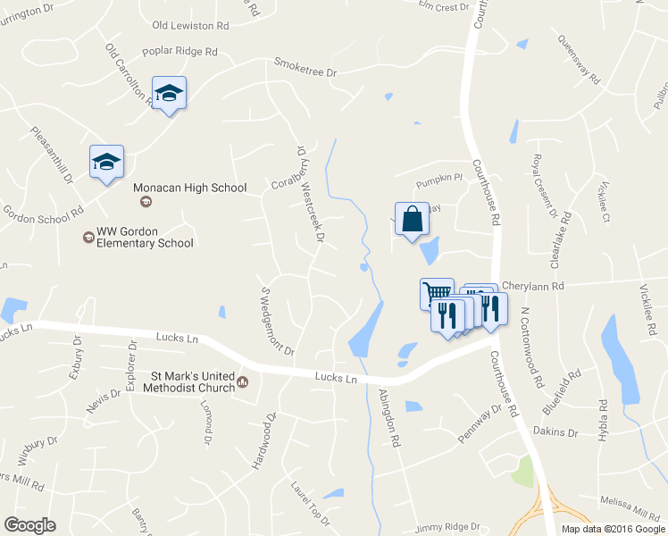 map of restaurants, bars, coffee shops, grocery stores, and more near 11306 Eastcliff Drive in Richmond