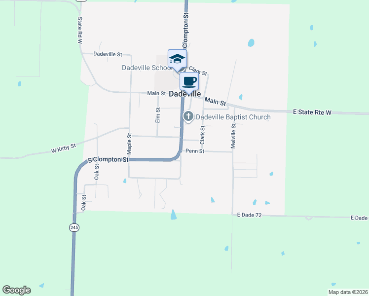 map of restaurants, bars, coffee shops, grocery stores, and more near Penn Avenue in Dadeville