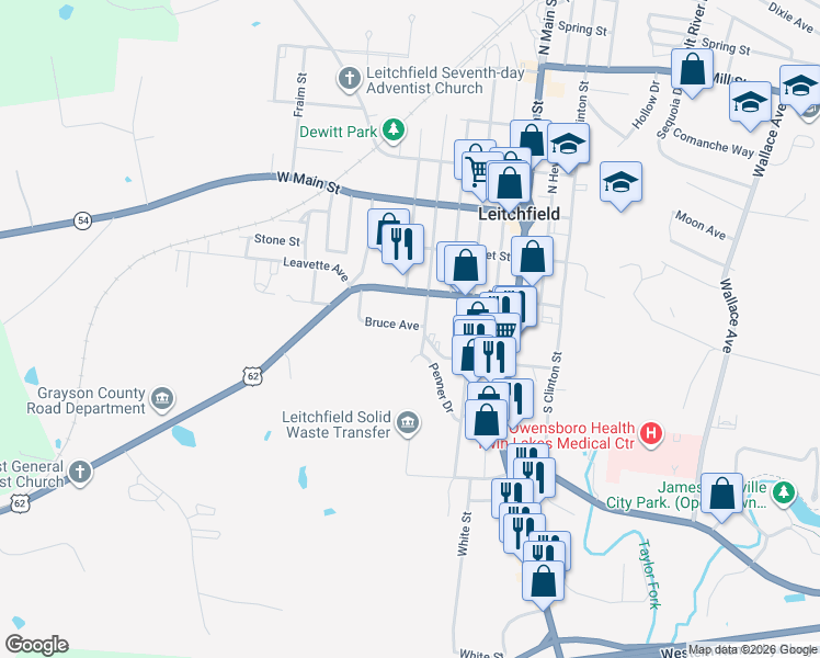 map of restaurants, bars, coffee shops, grocery stores, and more near 101 Penner Drive in Leitchfield