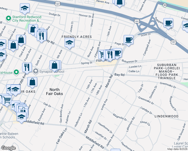 map of restaurants, bars, coffee shops, grocery stores, and more near 843 Fifteenth Avenue in Menlo Park