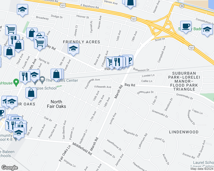map of restaurants, bars, coffee shops, grocery stores, and more near 863 Fifteenth Avenue in Menlo Park