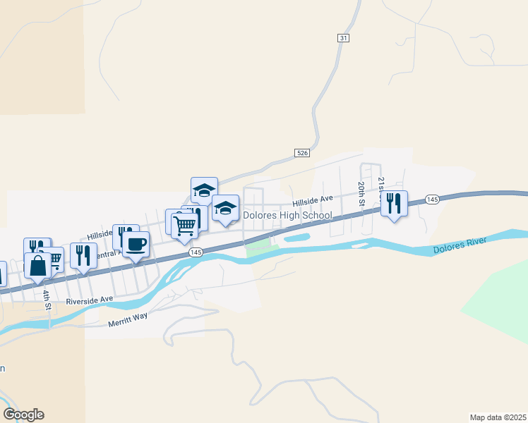 map of restaurants, bars, coffee shops, grocery stores, and more near 1501 Central Avenue in Dolores