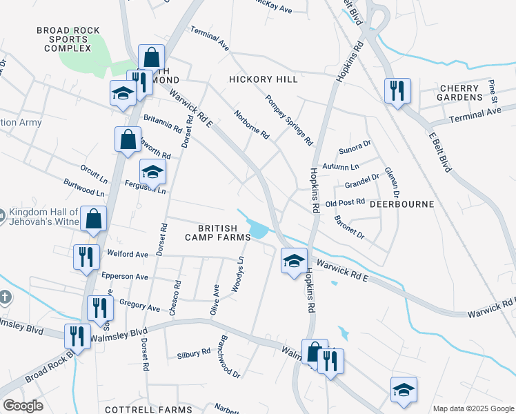 map of restaurants, bars, coffee shops, grocery stores, and more near 4011 Britannia Road in Richmond