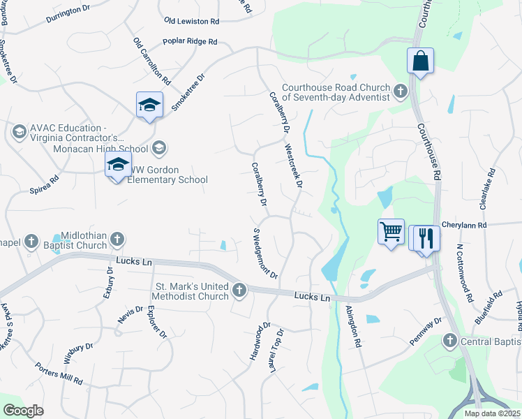 map of restaurants, bars, coffee shops, grocery stores, and more near 1018 Coralberry Drive in Richmond