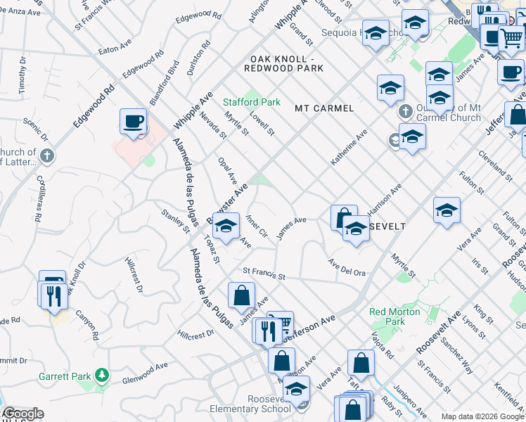 map of restaurants, bars, coffee shops, grocery stores, and more near 2 Inner Circle in Redwood City