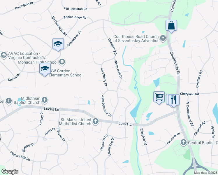 map of restaurants, bars, coffee shops, grocery stores, and more near 1025 Coralberry Drive in Chesterfield County