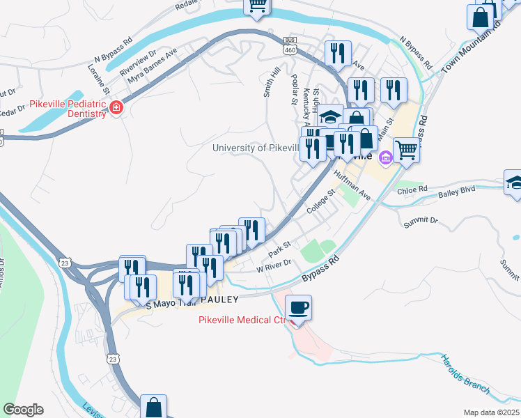 map of restaurants, bars, coffee shops, grocery stores, and more near 201 Jefferson Street in Pikeville