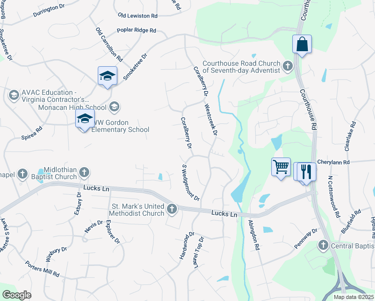 map of restaurants, bars, coffee shops, grocery stores, and more near 1018 Coralberry Drive in Richmond