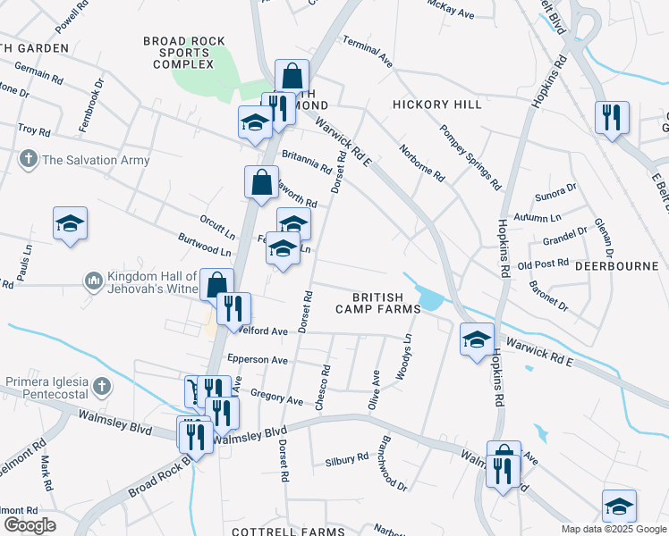 map of restaurants, bars, coffee shops, grocery stores, and more near 4325 Ferguson Lane in Richmond