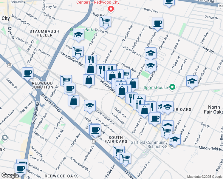 map of restaurants, bars, coffee shops, grocery stores, and more near 2700 Middlefield Road in Redwood City