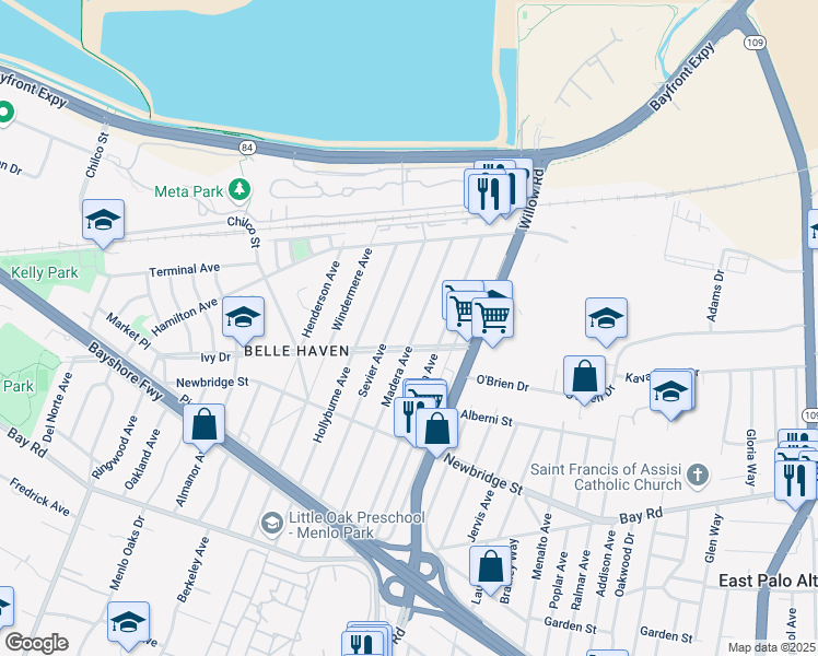 map of restaurants, bars, coffee shops, grocery stores, and more near 1307 Madera Avenue in Menlo Park