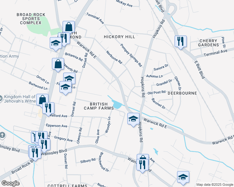 map of restaurants, bars, coffee shops, grocery stores, and more near 4011 Britannia Road in Richmond