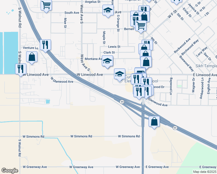 map of restaurants, bars, coffee shops, grocery stores, and more near Joash E Paul Memorial Highway in Turlock