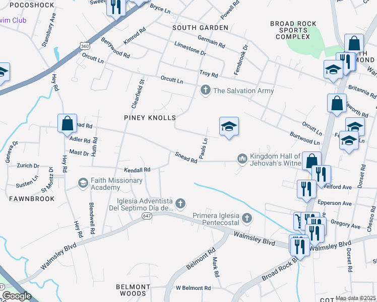 map of restaurants, bars, coffee shops, grocery stores, and more near 5325 Snead Road in Richmond