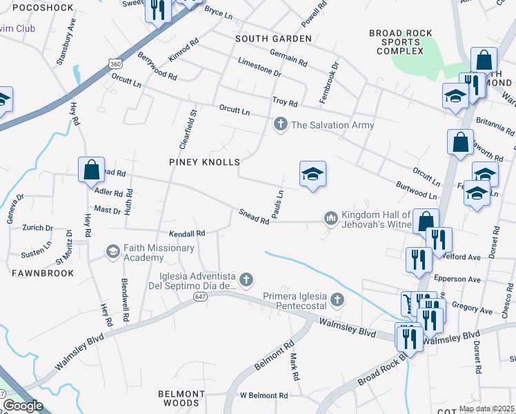 map of restaurants, bars, coffee shops, grocery stores, and more near 5325 Snead Road in Richmond