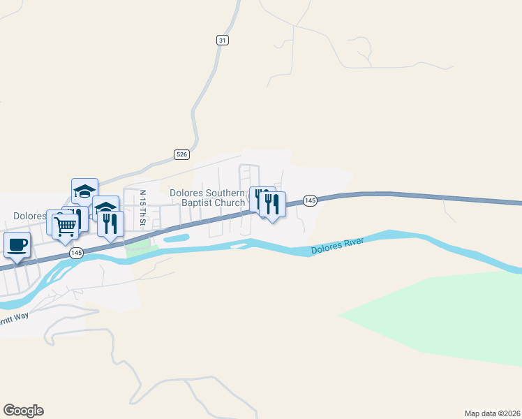 map of restaurants, bars, coffee shops, grocery stores, and more near 26431 Railroad Avenue in Dolores