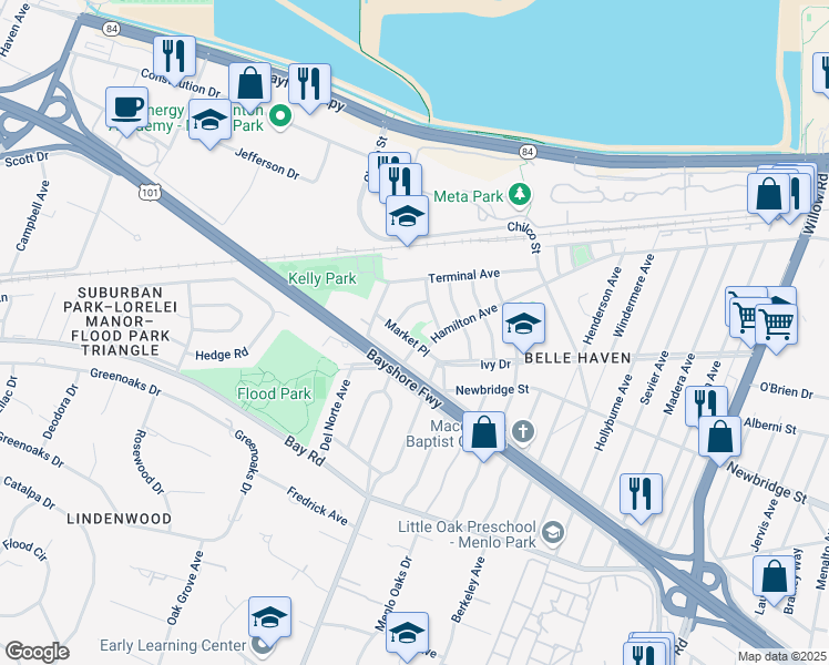 map of restaurants, bars, coffee shops, grocery stores, and more near 1140 Bieber Avenue in Menlo Park