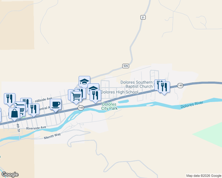 map of restaurants, bars, coffee shops, grocery stores, and more near 207 North 15 Th Street in Dolores