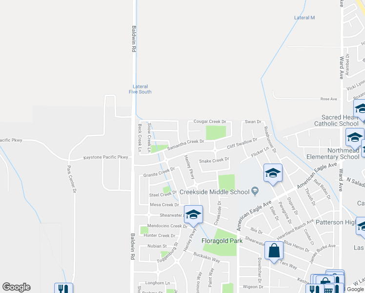map of restaurants, bars, coffee shops, grocery stores, and more near 1402 Samantha Creek Drive in Patterson
