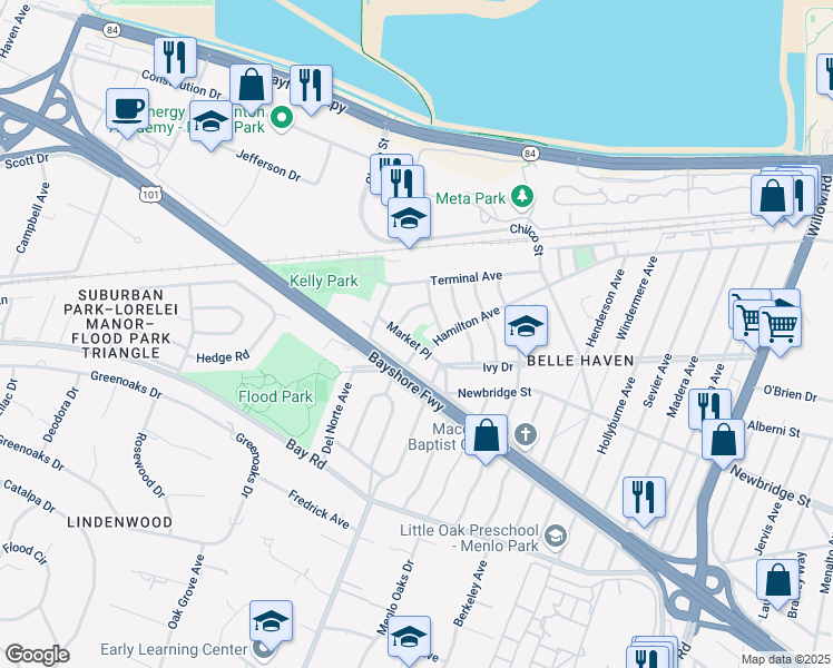 map of restaurants, bars, coffee shops, grocery stores, and more near 1140 Bieber Avenue in Menlo Park
