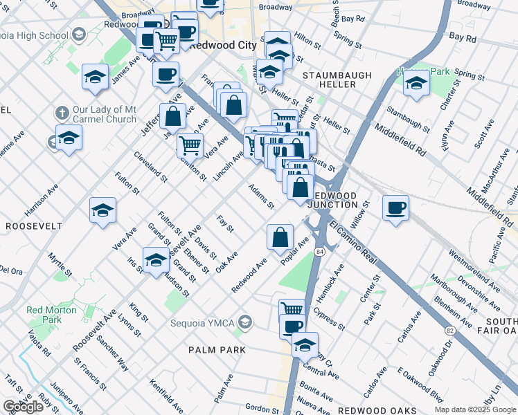 map of restaurants, bars, coffee shops, grocery stores, and more near 1136 Adams Street in Redwood City