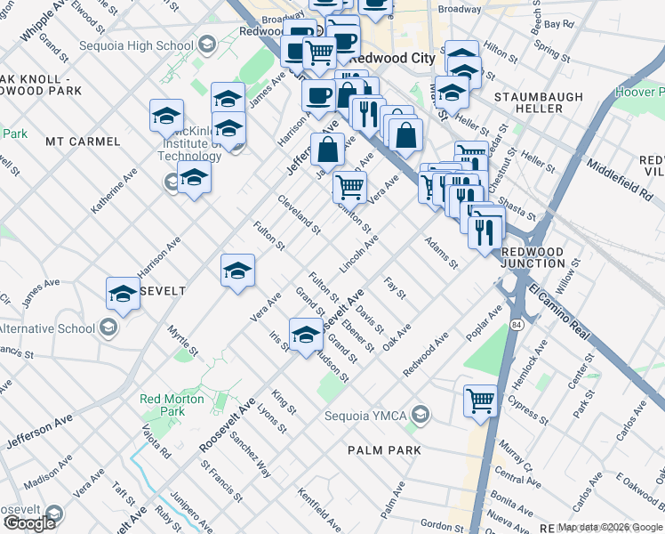 map of restaurants, bars, coffee shops, grocery stores, and more near 921 Cleveland Street in Redwood City