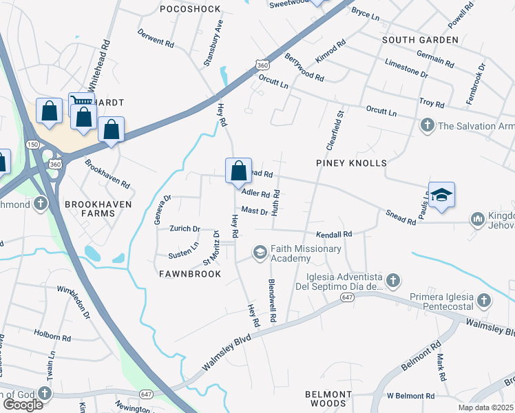 map of restaurants, bars, coffee shops, grocery stores, and more near 5820 Mast Drive in Richmond