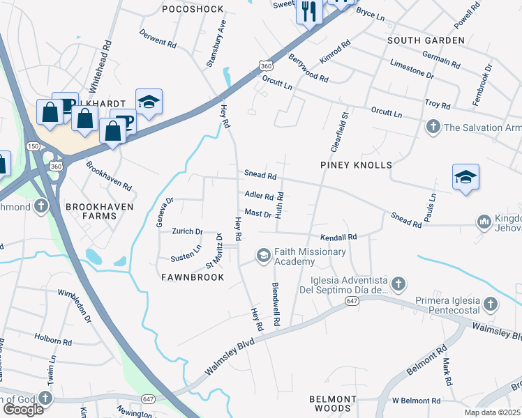 map of restaurants, bars, coffee shops, grocery stores, and more near 5820 Mast Drive in Richmond