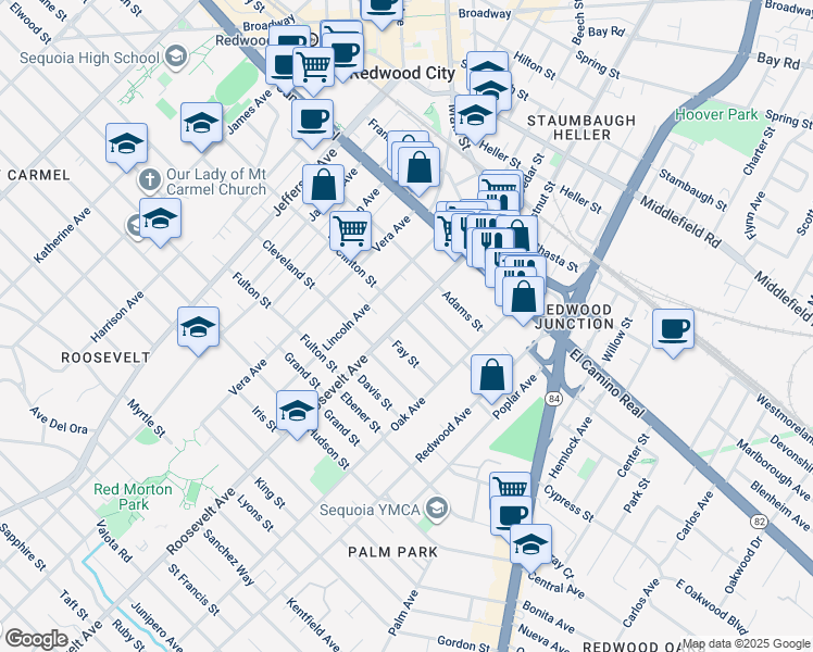map of restaurants, bars, coffee shops, grocery stores, and more near 245 Roosevelt Avenue in Redwood City