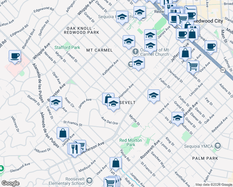 map of restaurants, bars, coffee shops, grocery stores, and more near 2 King Street in Redwood City