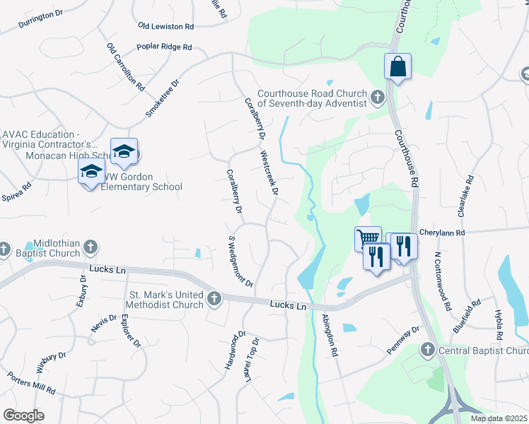 map of restaurants, bars, coffee shops, grocery stores, and more near 9201 Westcreek Court in Richmond