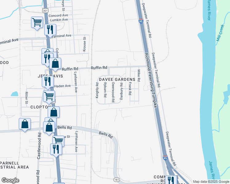 map of restaurants, bars, coffee shops, grocery stores, and more near 3418 Deerwood Road in Richmond
