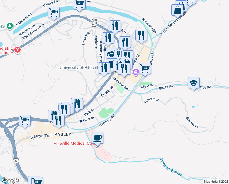 map of restaurants, bars, coffee shops, grocery stores, and more near 101-199 Cumberland Court in Pikeville