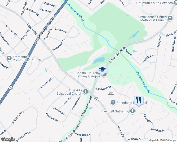 map of restaurants, bars, coffee shops, grocery stores, and more near 1505 Providence Knoll Drive in Richmond