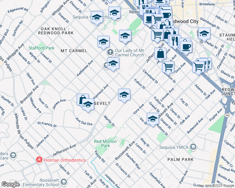 map of restaurants, bars, coffee shops, grocery stores, and more near 562 Hudson Street in Redwood City