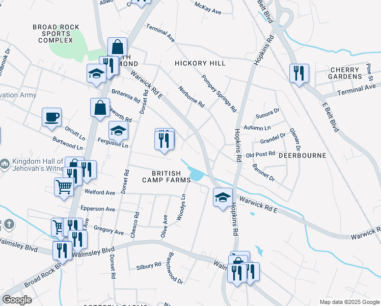 map of restaurants, bars, coffee shops, grocery stores, and more near 4109 Britannia Road in Richmond