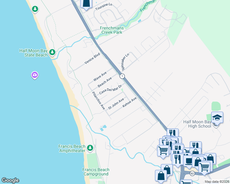map of restaurants, bars, coffee shops, grocery stores, and more near 421 Casa Del Mar Drive in Half Moon Bay