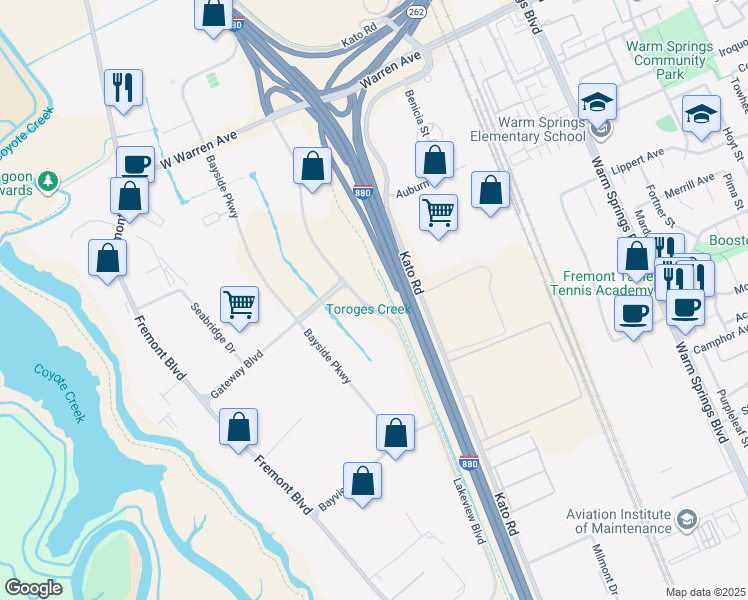 map of restaurants, bars, coffee shops, grocery stores, and more near 47200 Lakeview Boulevard in Fremont