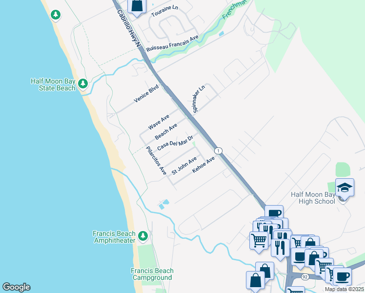 map of restaurants, bars, coffee shops, grocery stores, and more near 421 Casa Del Mar Drive in Half Moon Bay