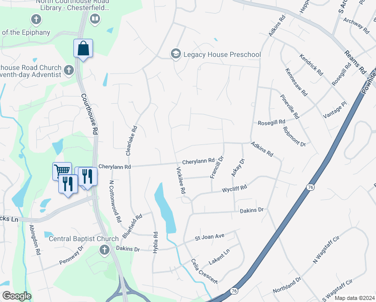 map of restaurants, bars, coffee shops, grocery stores, and more near 10271 Ronaldton Road in Richmond