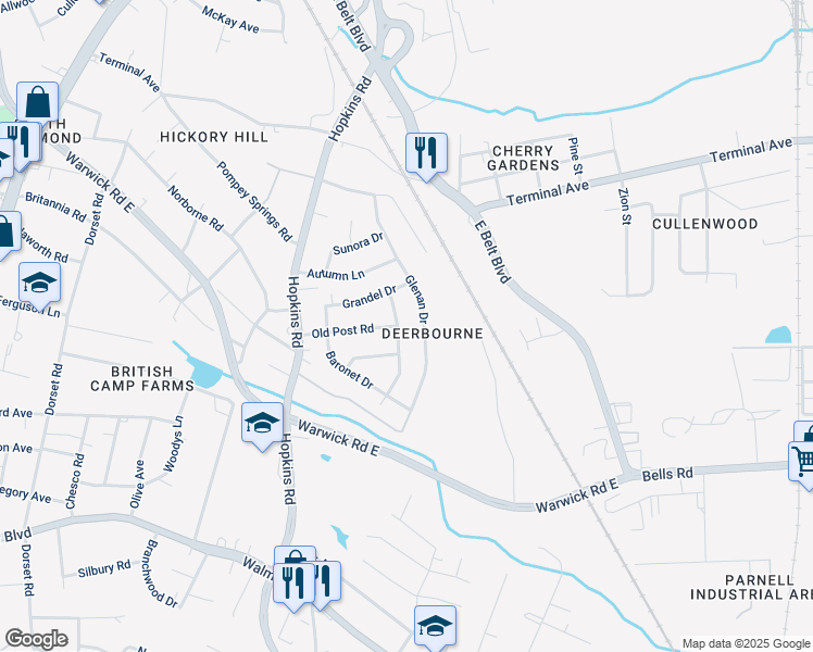 map of restaurants, bars, coffee shops, grocery stores, and more near 2913 Kelrae Drive in Richmond