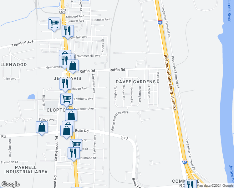 map of restaurants, bars, coffee shops, grocery stores, and more near 3420 Keighly Road in Richmond