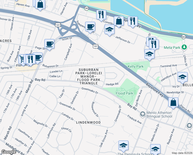 map of restaurants, bars, coffee shops, grocery stores, and more near 9 Greenwood Place in Menlo Park