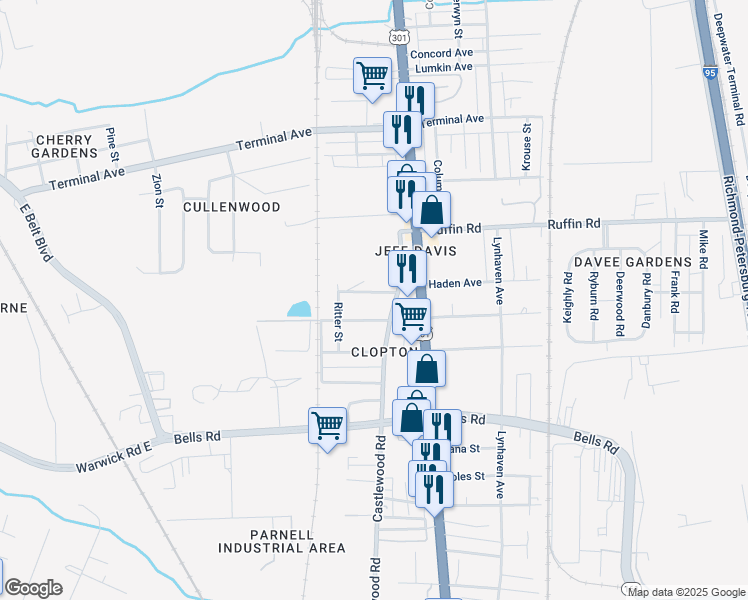 map of restaurants, bars, coffee shops, grocery stores, and more near 2708 Haden Avenue in Richmond