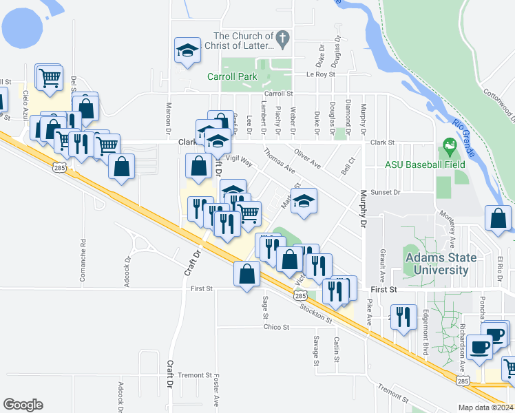 map of restaurants, bars, coffee shops, grocery stores, and more near 214 Calle Buena in Alamosa