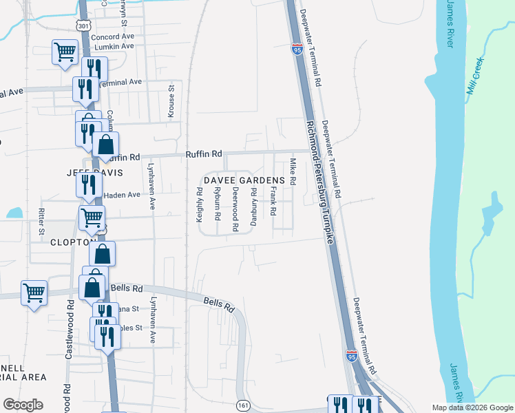 map of restaurants, bars, coffee shops, grocery stores, and more near 3415 Danbury Road in Richmond