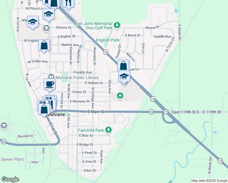 map of restaurants, bars, coffee shops, grocery stores, and more near 603 East Helbert Street in Mulvane